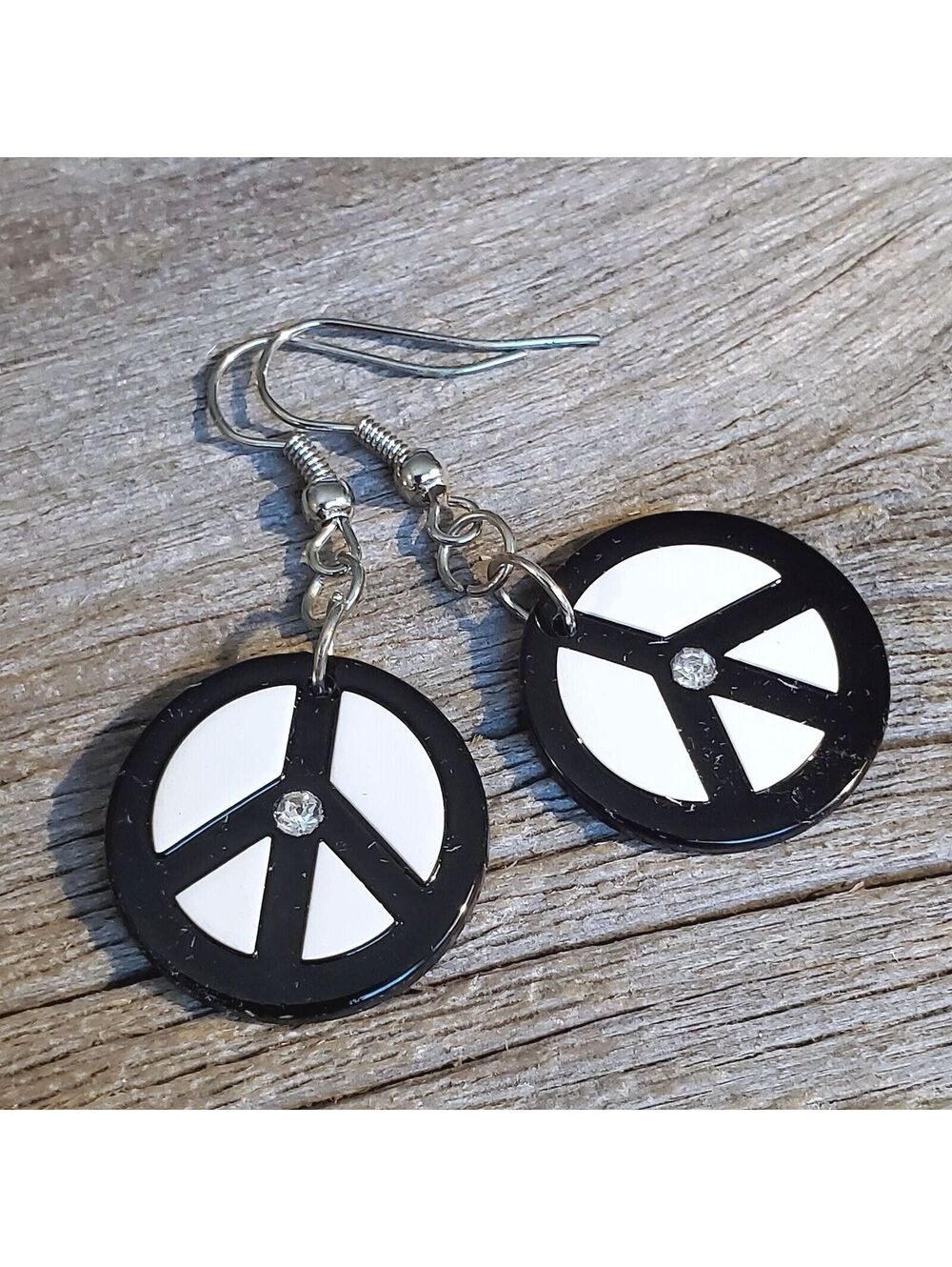 Vintage Y2K White Black Lucite Austrian Crystal Round Peace Sign Earrings - Picture 2 of 9